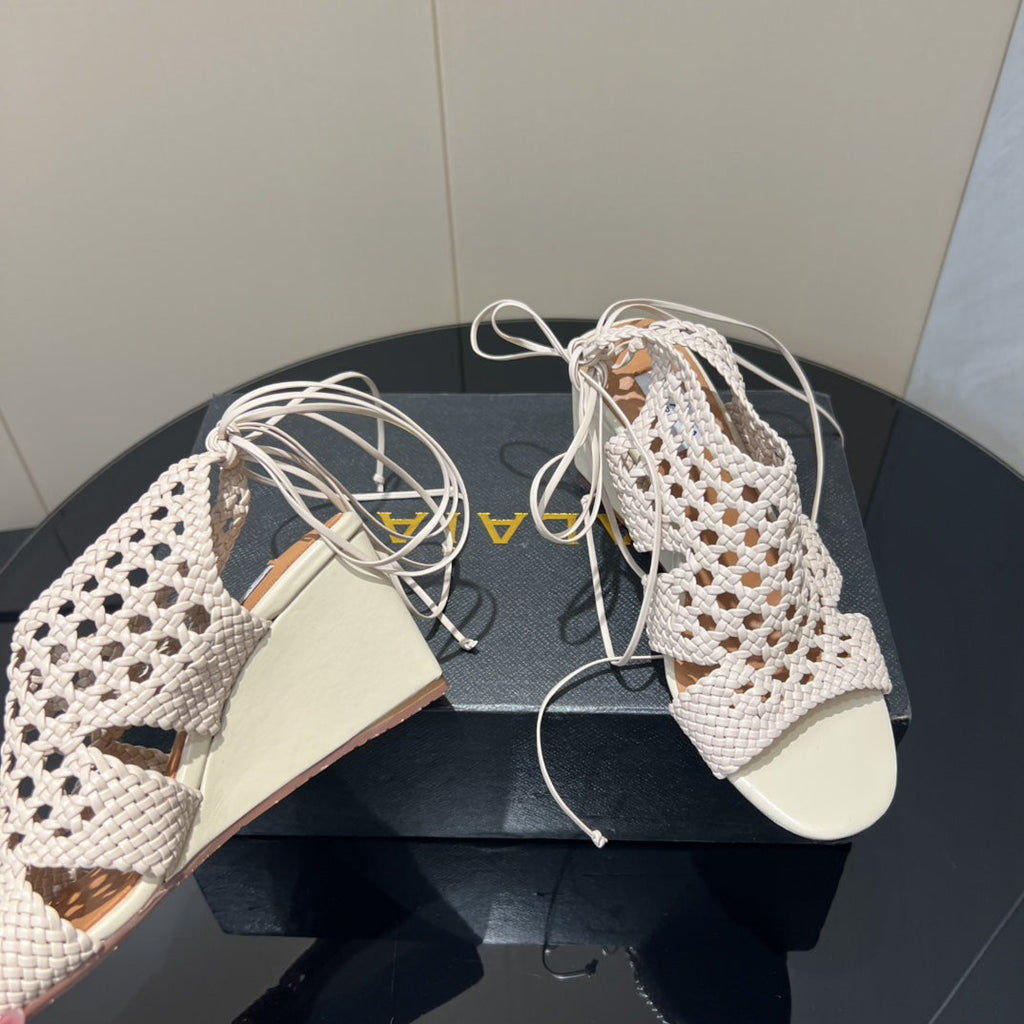 Alaia 25 Round-toe Braided Wedge Sandals 75mm Flamingo Woven Leather433568