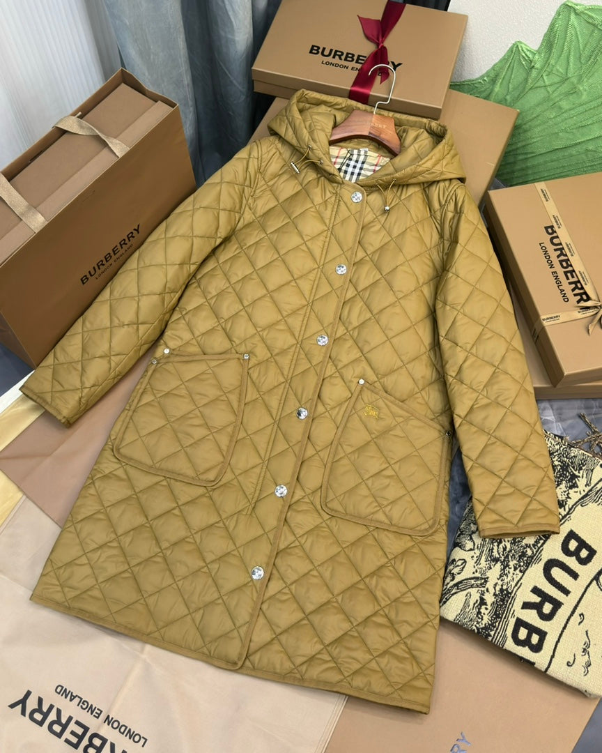 Burberry 25 Quilted Hooded Long Coat Yellow Polyester Cotton