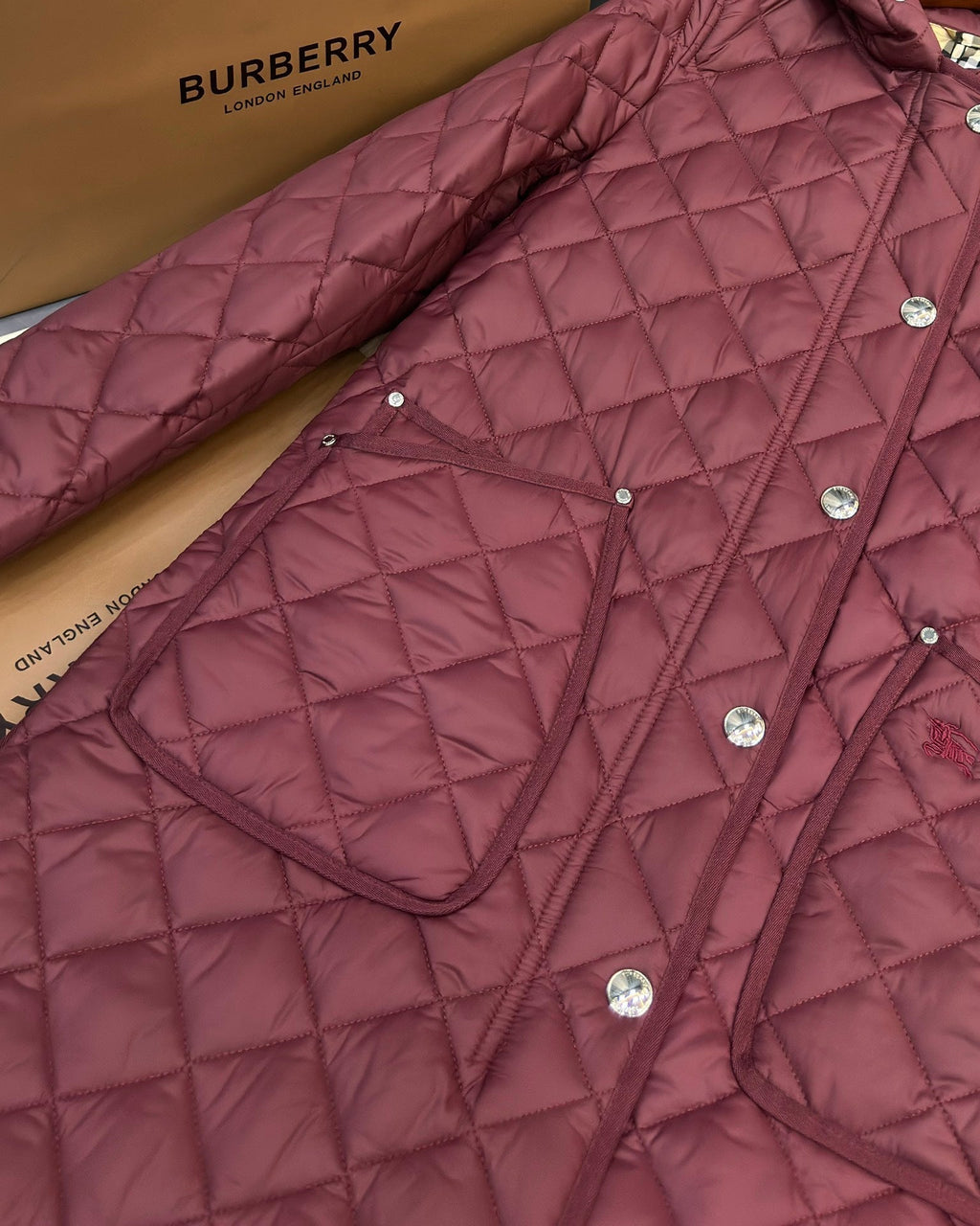 Burberry 25 Quilted Hooded Long Coat Burgundy Polyester Cotton