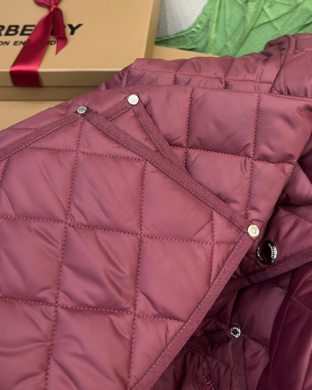 Burberry 25 Quilted Hooded Long Coat Burgundy Polyester Cotton