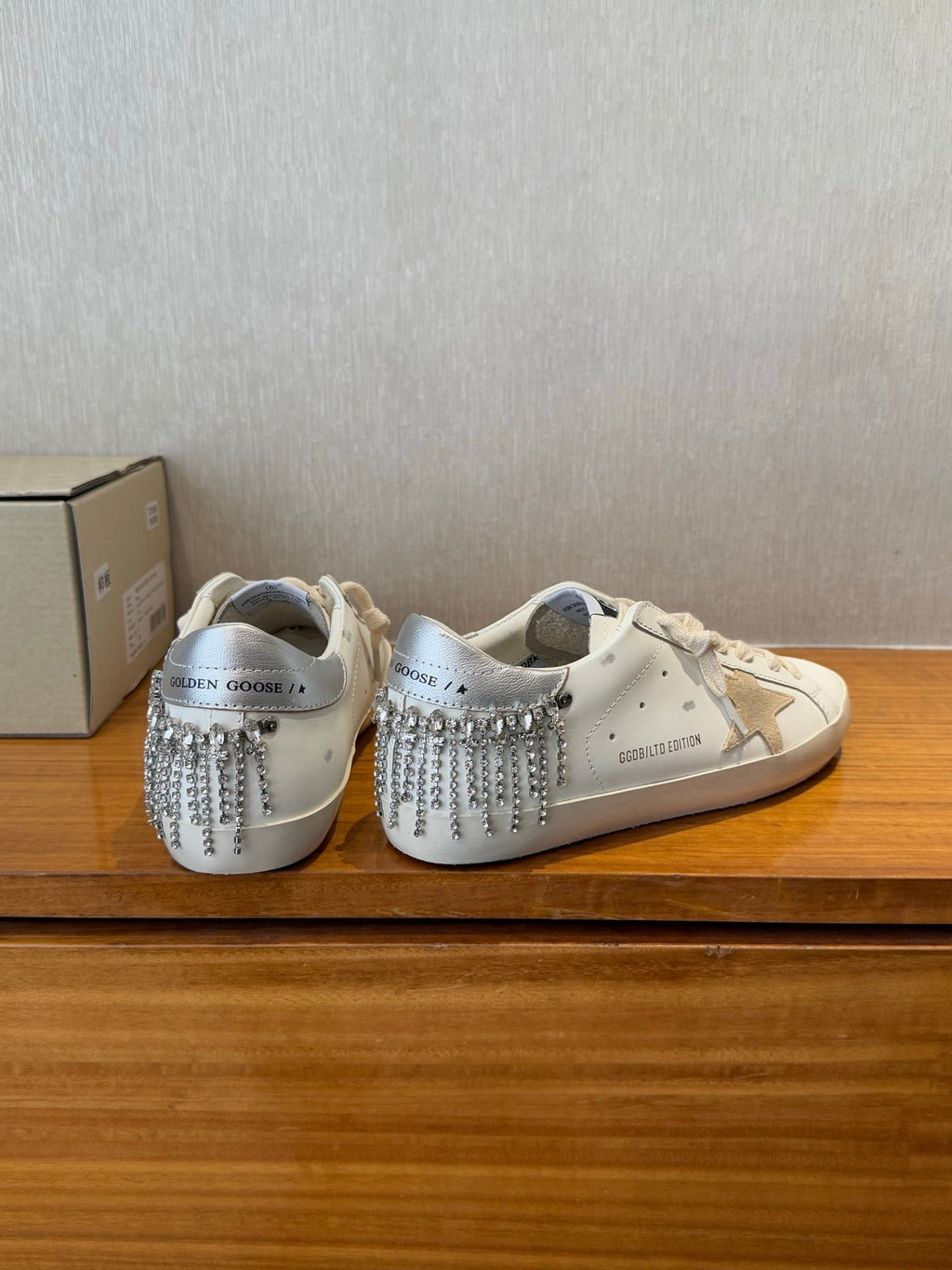 BALL STAR SNEAKERS WITH CRYSTAL TASSEL BEIGE SUEDE STAR WHITE CALFSKIN UPPER