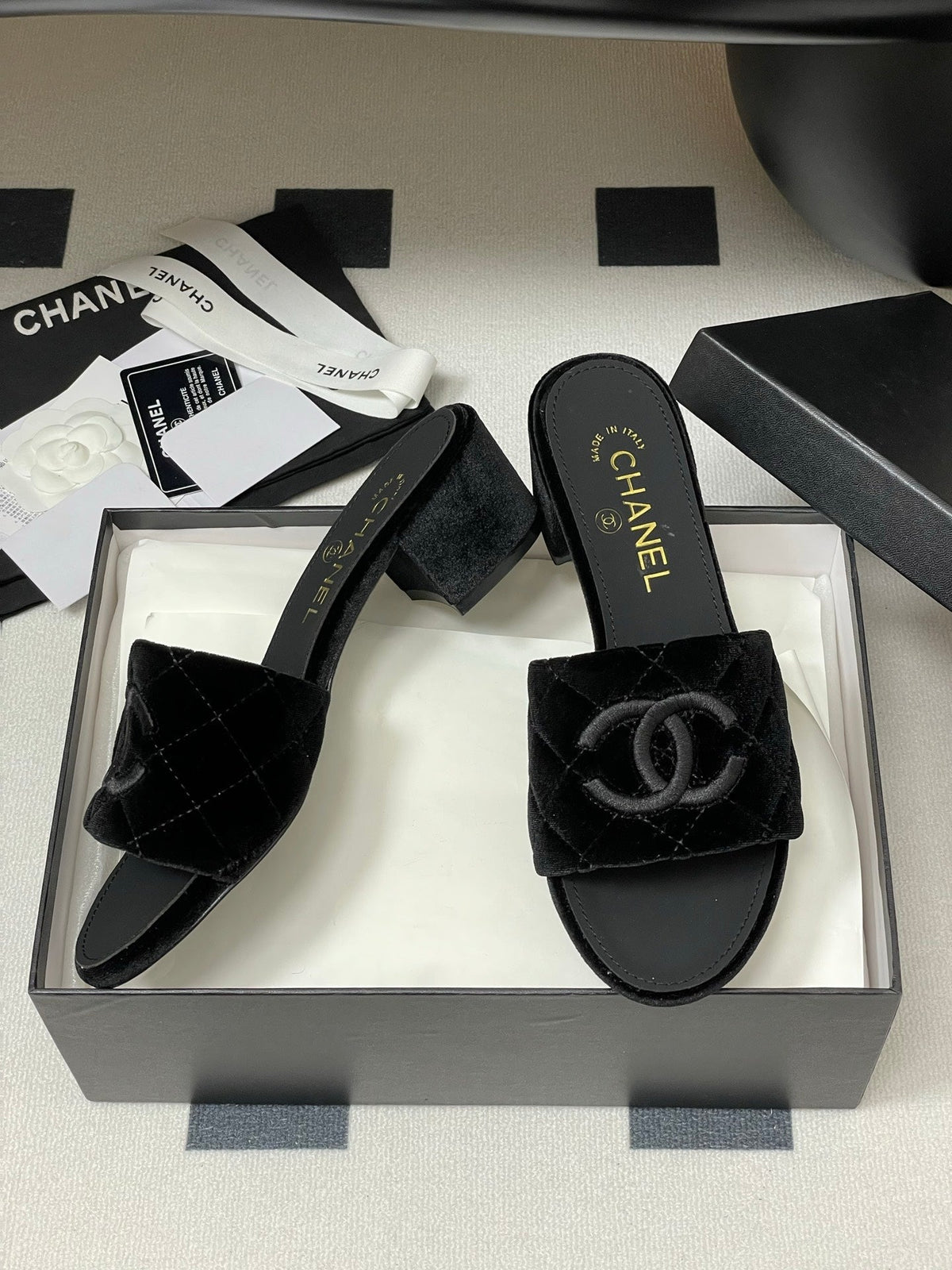 25S Embroidery Double C Mule 50mm Black Velvet 247575