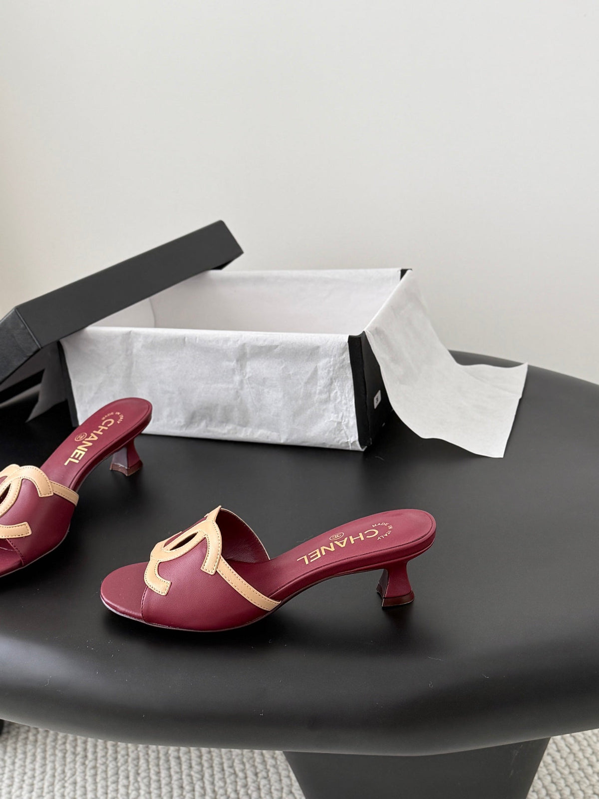 CC 2026 Heeled Sandal Beige Burgundy Lambskin 675858