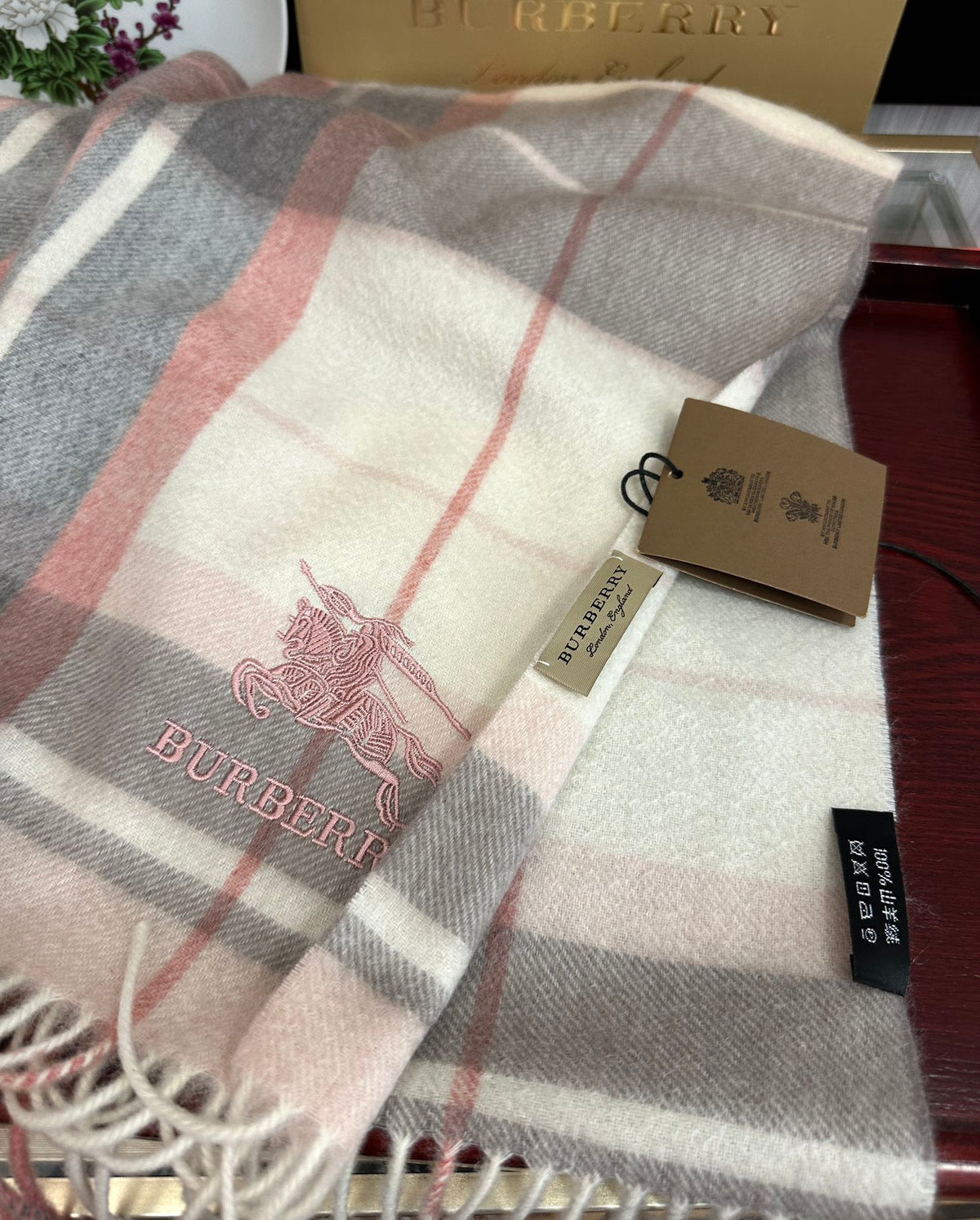 BBR Long Scarf 180CM Dark Pink Grey Cream Cashmere 153137