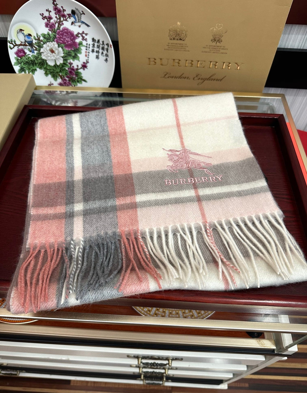 BBR Long Scarf 180CM Dark Pink Grey Cream Cashmere 153137
