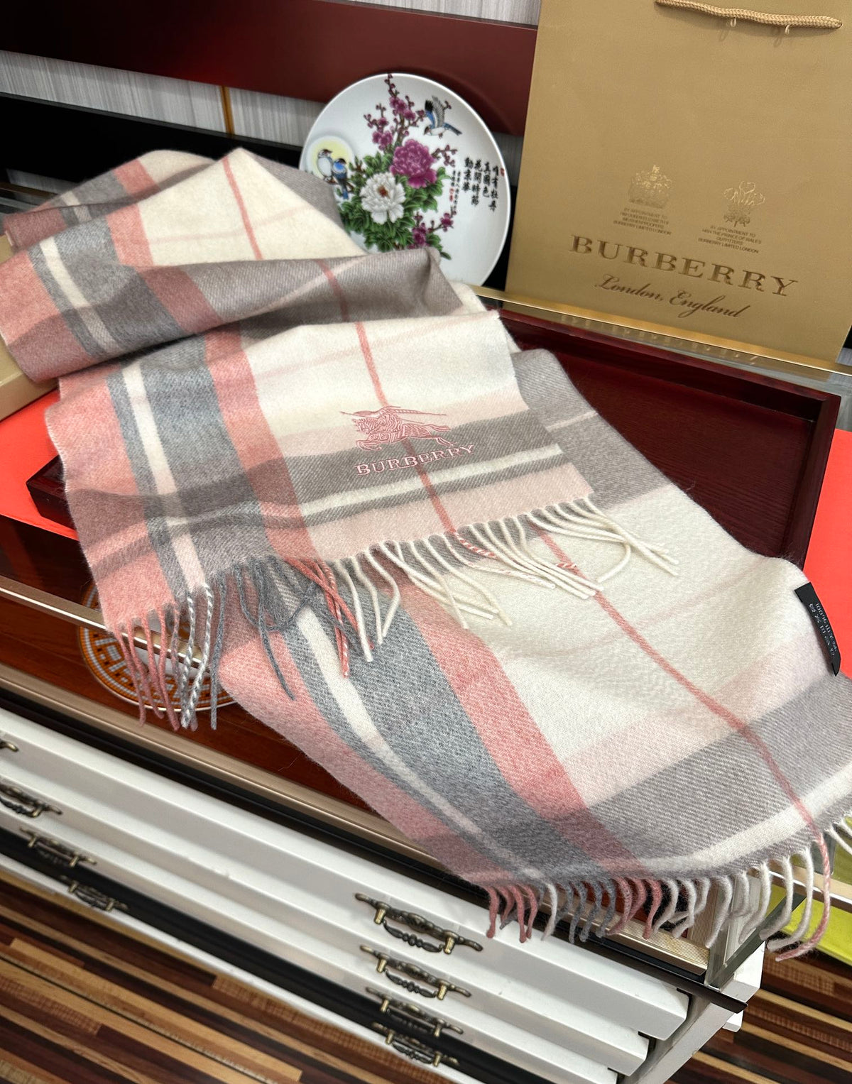 BBR Long Scarf 180CM Dark Pink Grey Cream Cashmere 153137