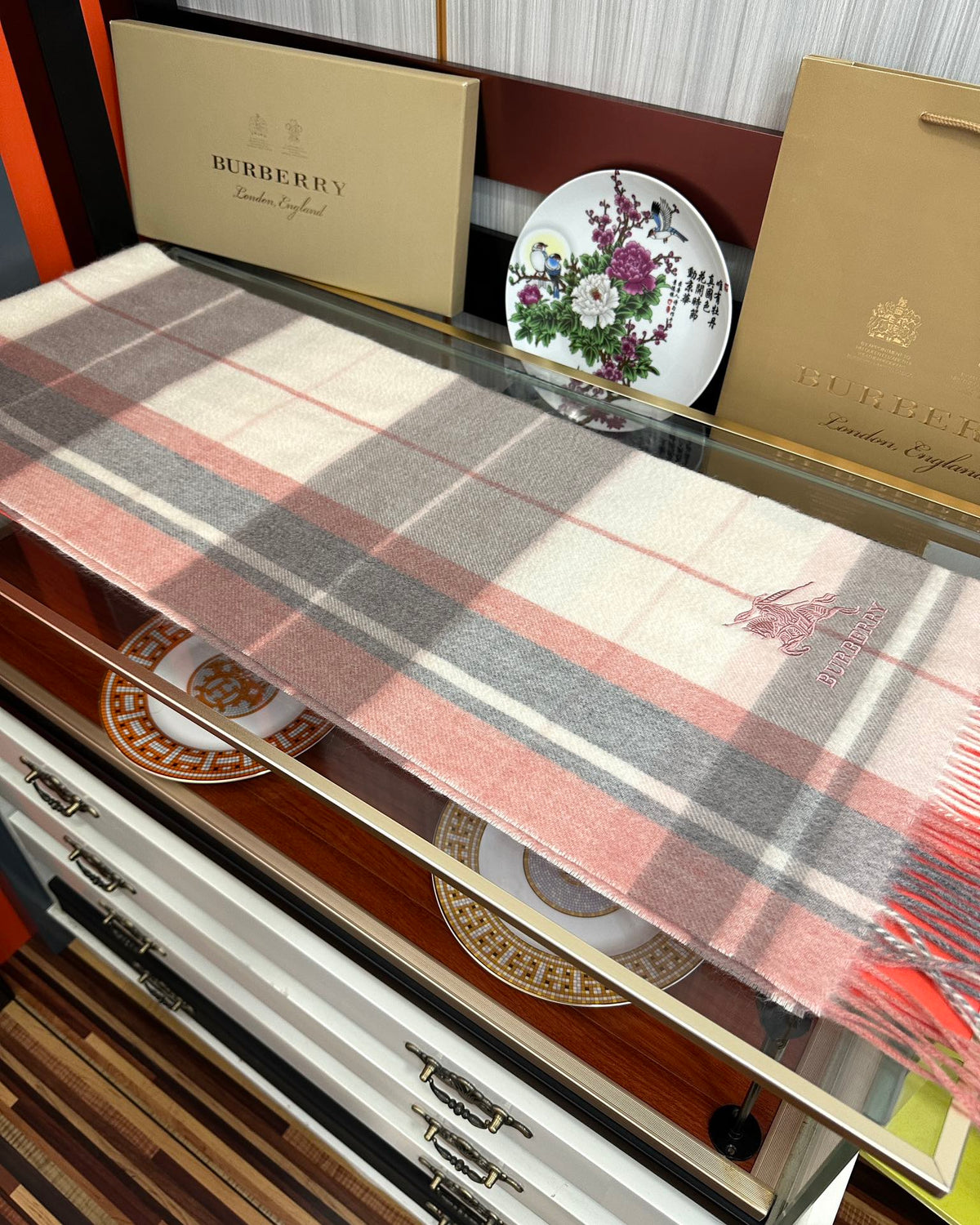 BBR Long Scarf 180CM Dark Pink Grey Cream Cashmere 153137