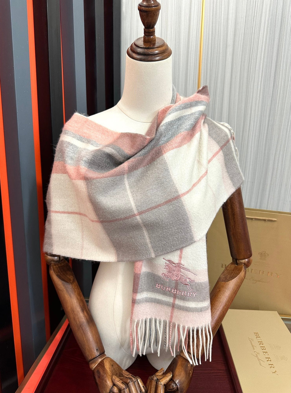 BBR Long Scarf 180CM Dark Pink Grey Cream Cashmere 153137