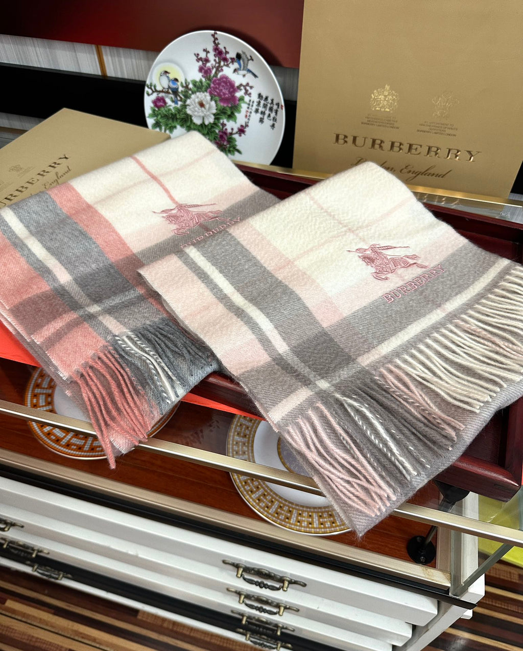 BBR Long Scarf 180CM Pink Grey Cream Cashmere 153138