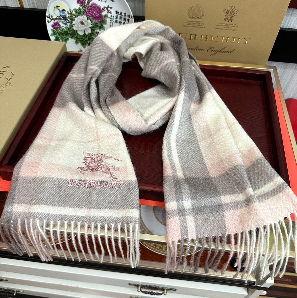 BBR Long Scarf 180CM Pink Grey Cream Cashmere 153138