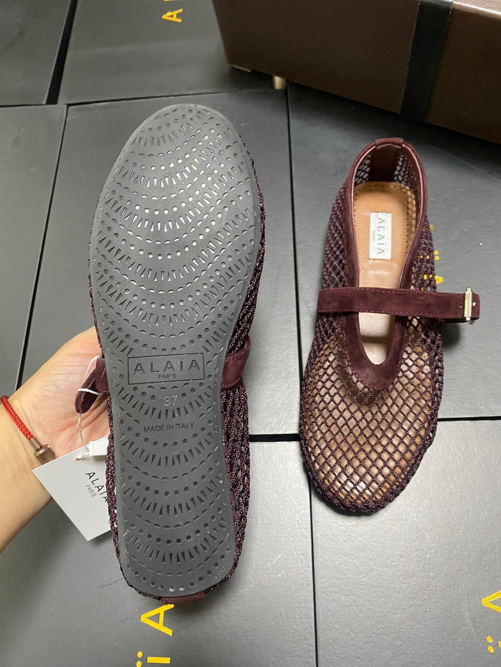 Alaia 26s Mesh Mary Jane Flats 1cm Burgundy Suede SHW 110704