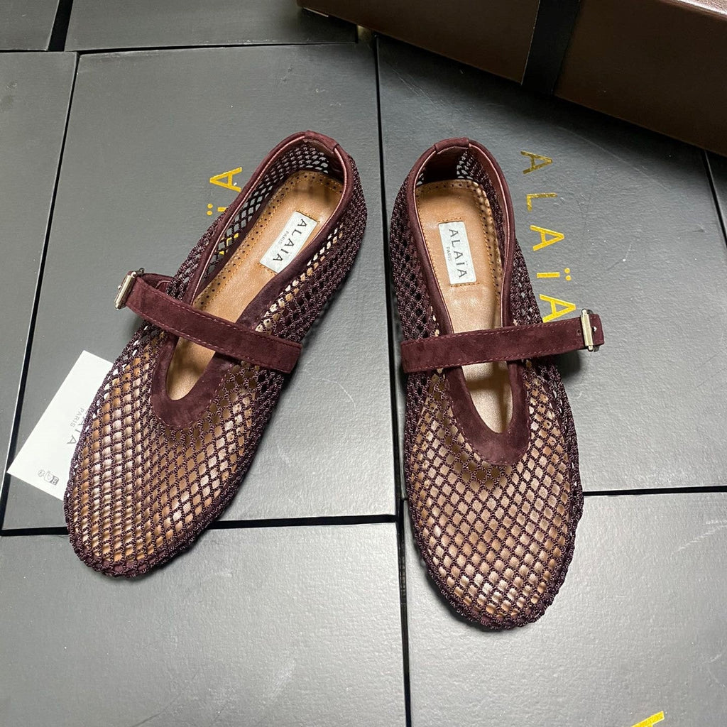 Alaia 26s Mesh Mary Jane Flats 1cm Burgundy Suede SHW 110704