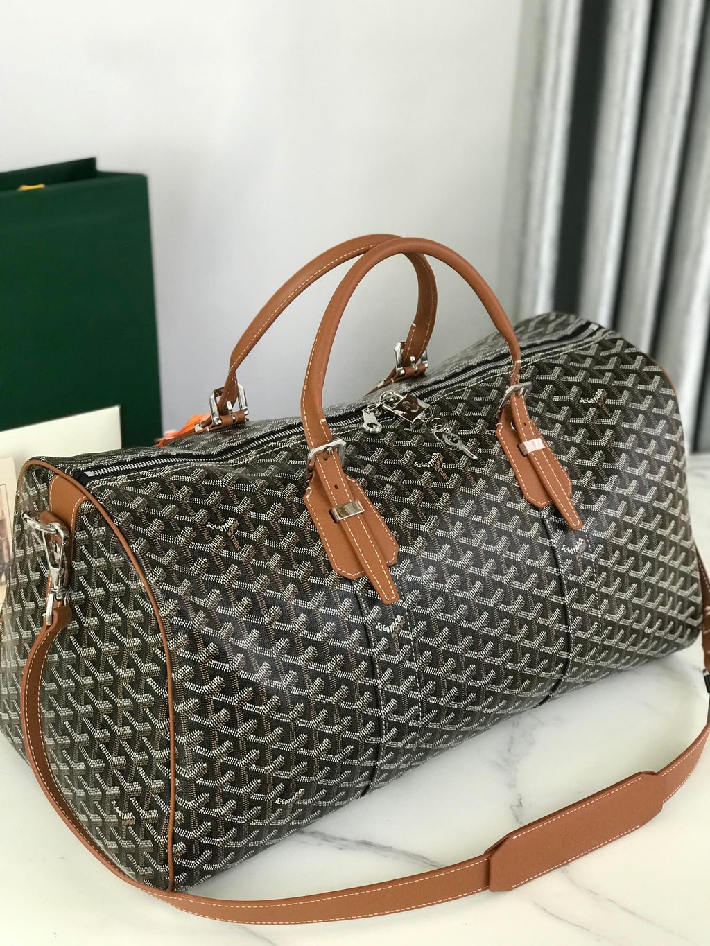 BOSTON 50 BAG IN BLACK GOYARDINE CANVAS AND TAN CALFSKIN TRIM