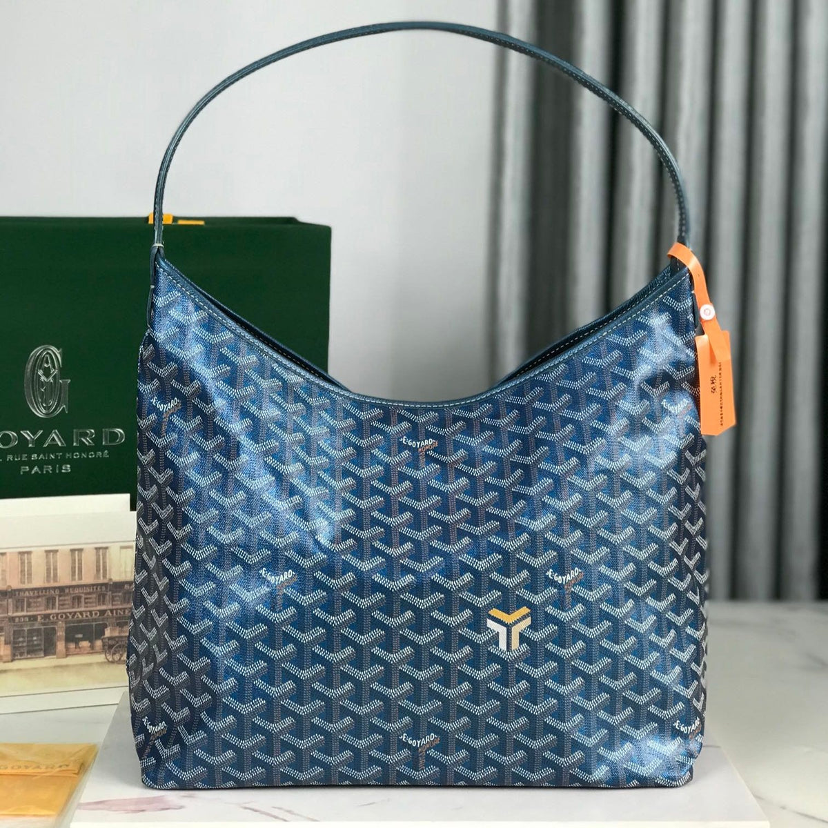 Bohème Hobo Bag 42cm Deep Blue Canvas Chevroches Calfskin