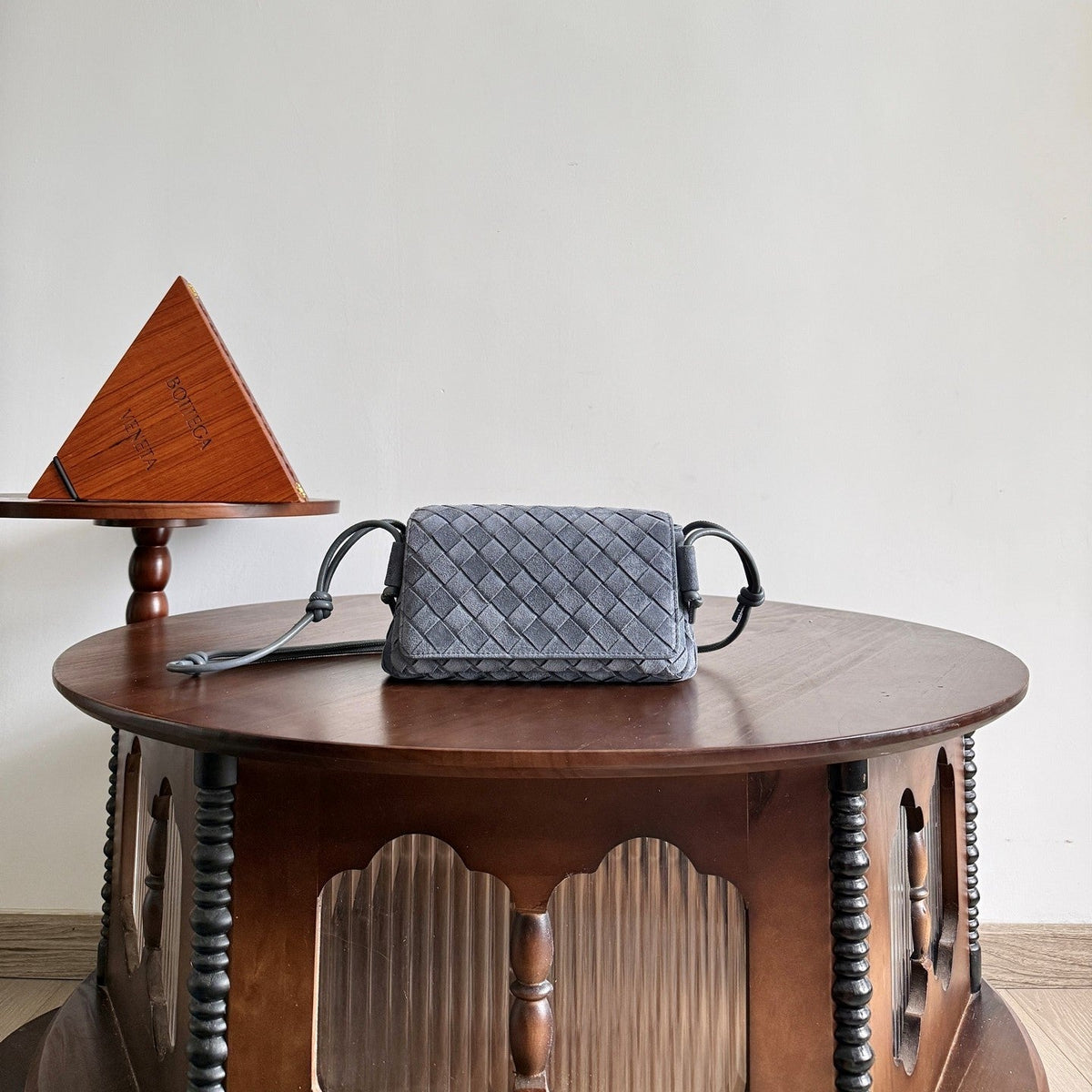 BV Notturno Flap Bag Grey Suede Intrecciato Leather