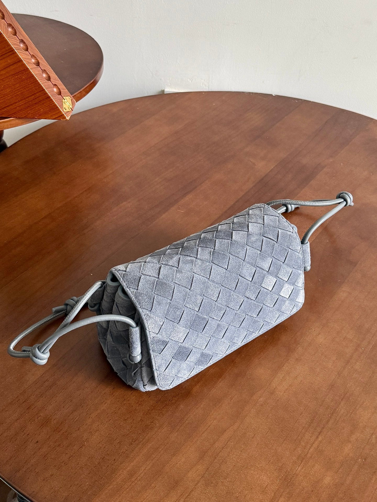 BV Notturno Flap Bag Grey Suede Intrecciato Leather