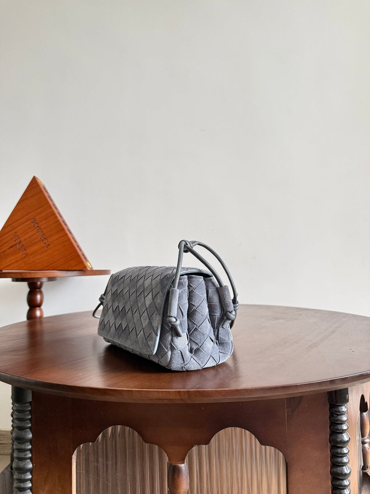 BV Notturno Flap Bag Grey Suede Intrecciato Leather