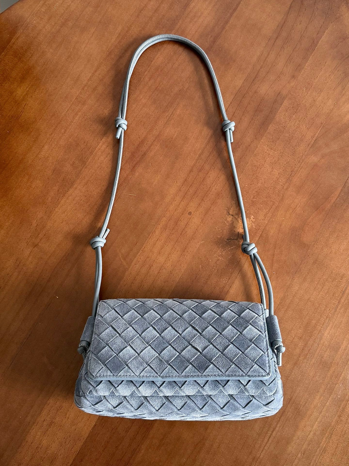 BV Notturno Flap Bag Grey Suede Intrecciato Leather