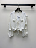 CC 25 Knitted Three-Dimensional Flower Tie Cardigan in White  277591