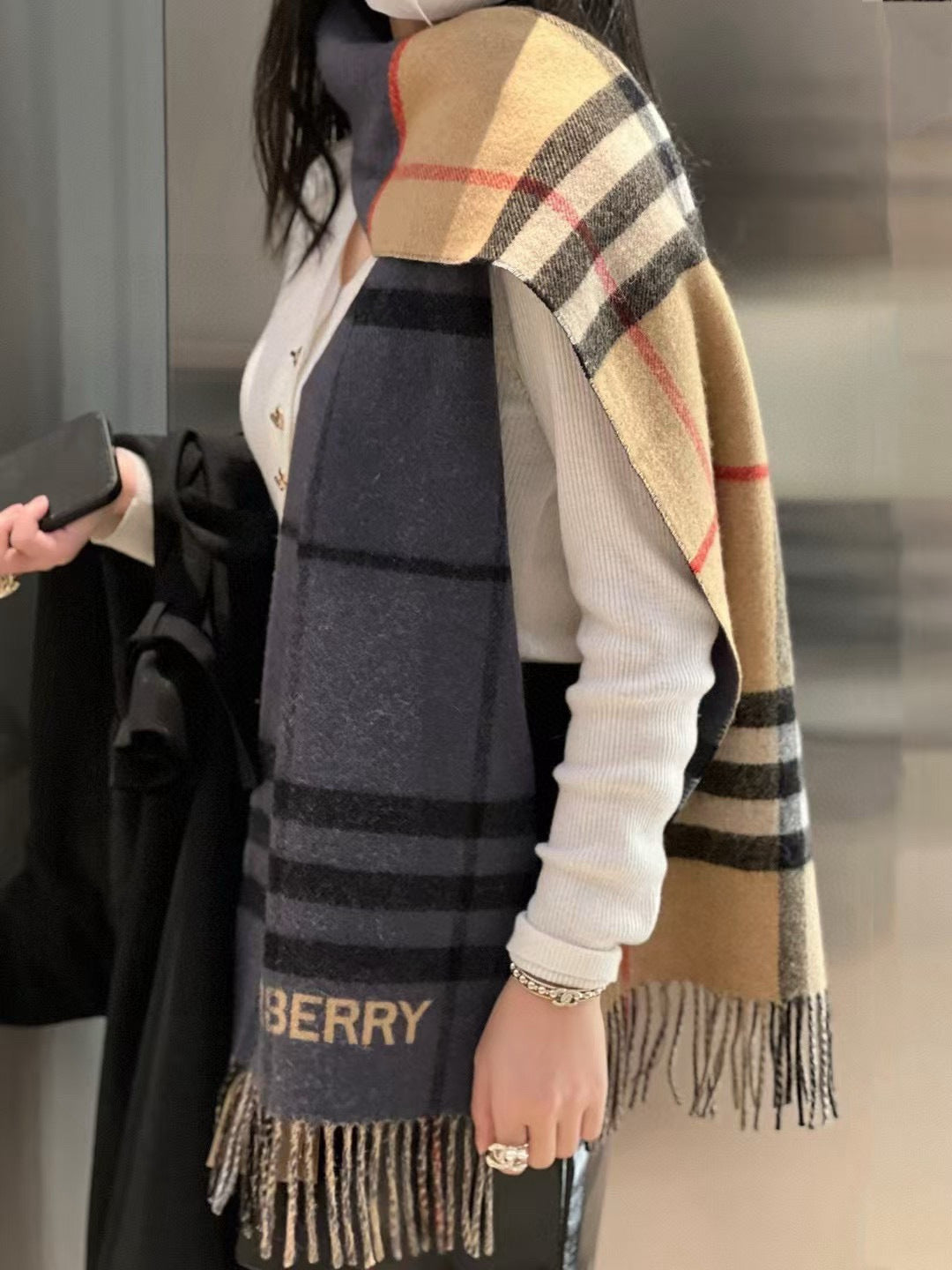 BBR Long Scarf 170CM Charcoal Archive Beige Cashmere 150410