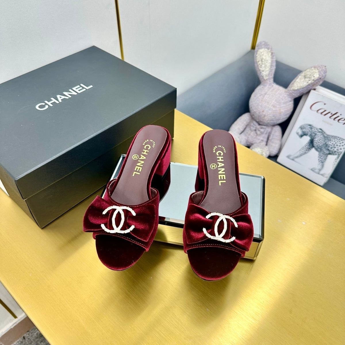 cc 25 bow mule sandal 50mm burgundy velvet 238479