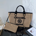 CC 25 Deauville Tote Bag 34cm Beige Black Crochet Suede
