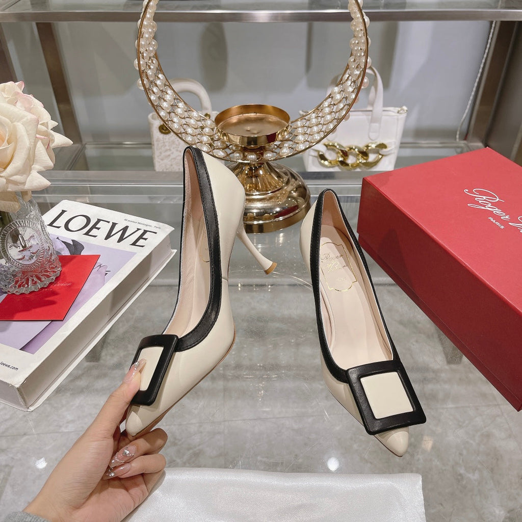 Belle Viv Metal Buckle Pumps 85 White Black Patent Leather