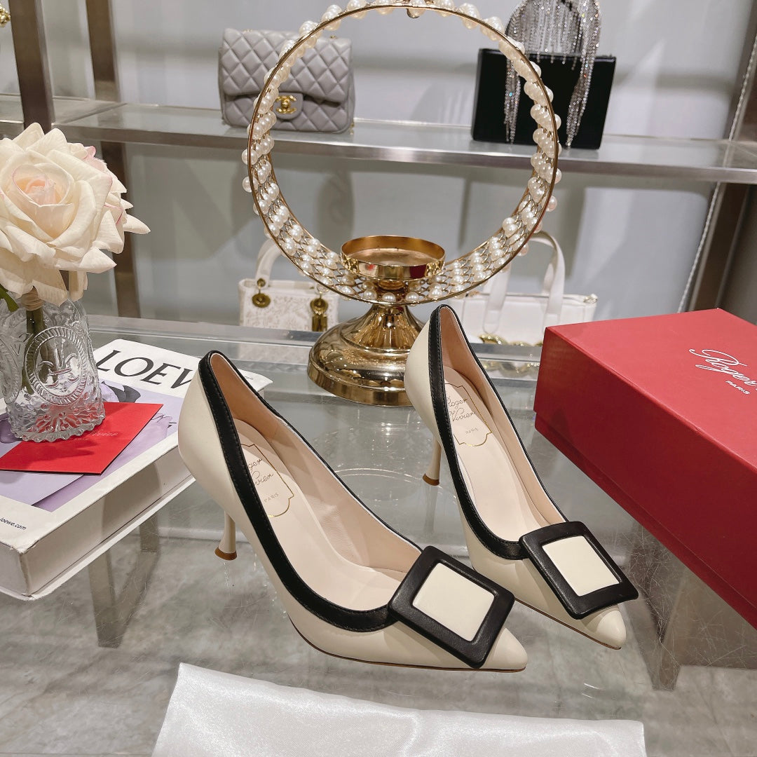 Belle Viv Metal Buckle Pumps 85 White Black Patent Leather