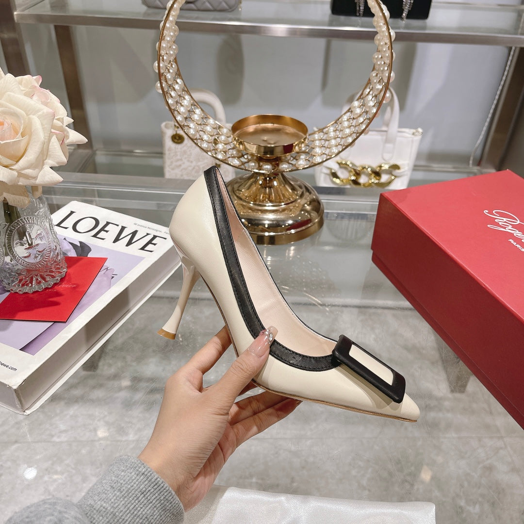 Belle Viv Metal Buckle Pumps 85 White Black Patent Leather