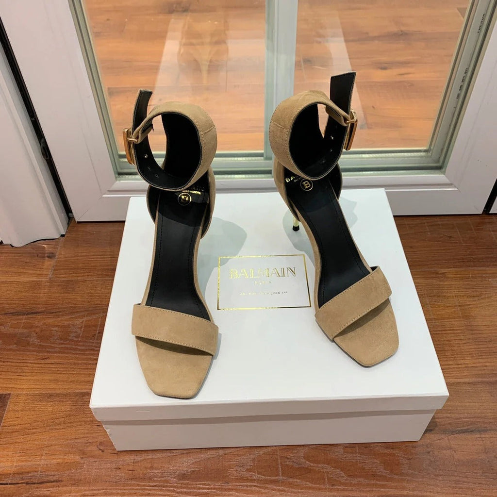 BALMAIN 25S THIN STRAP HIGH HEELS 105MM IN LIGHT MOCHA SUEDE GOLD HARDWARE