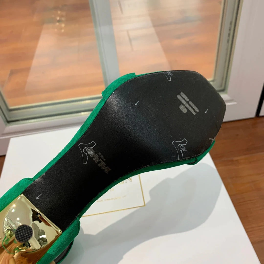 BALMAIN 25S THIN STRAP HIGH HEELS 105MM IN GREEN SUEDE GOLD HARDWARE