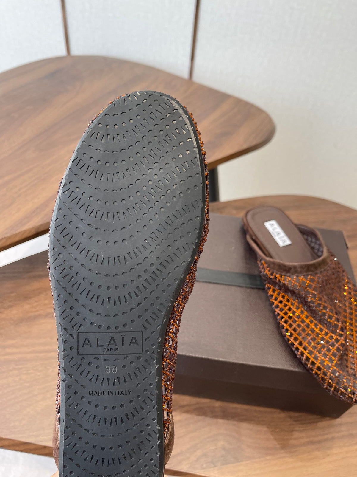 Alaia 26 Half-Slippers Brown Mesh Rhinestones 624903