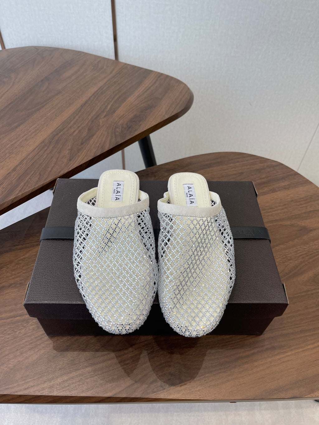Alaia 26 Half-Slippers Ivory Mesh Rhinestones 624904