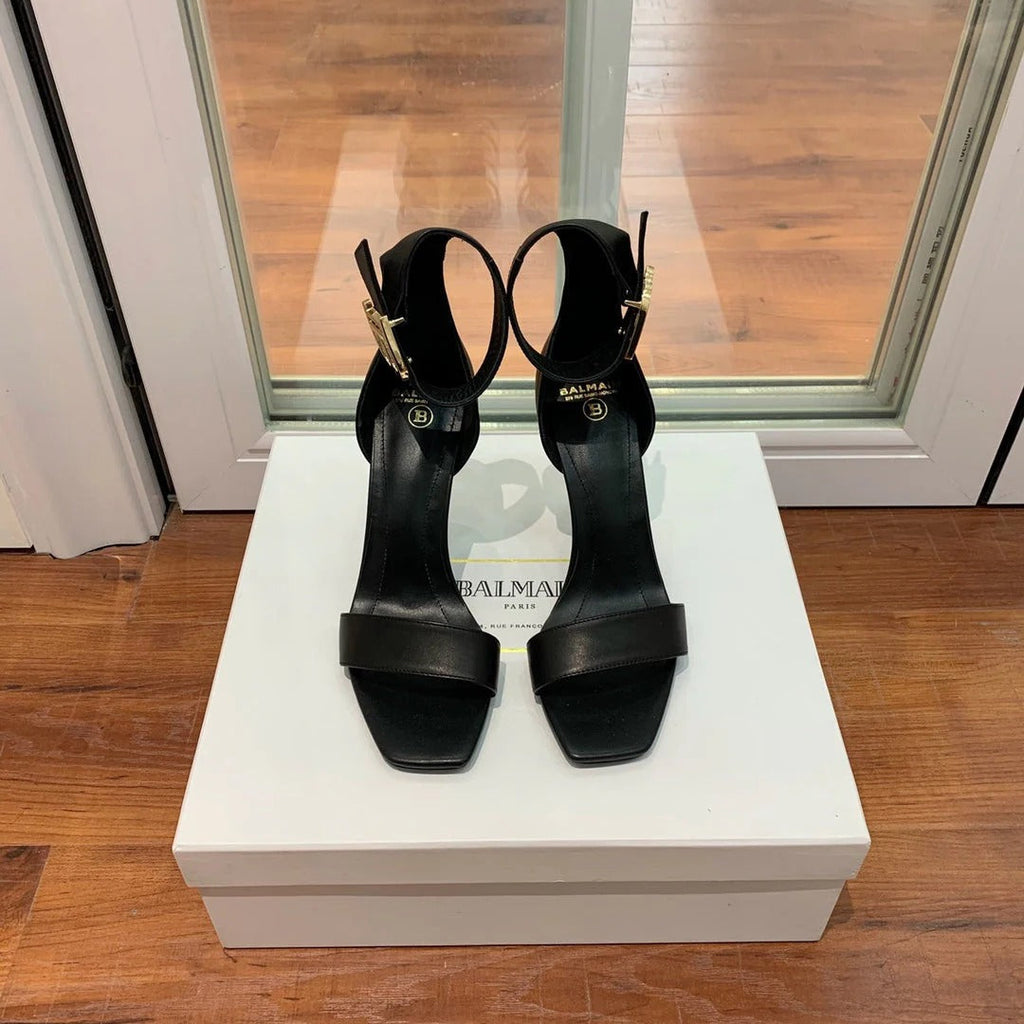 BALMAIN 25S THIN STRAP HIGH HEELS 105MM IN BLACK CALFSKIN GOLD HARDWARE