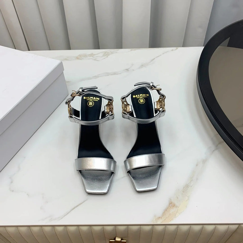 BALMAIN 25S HIGH HEELS WITH B METAL DETAIL 95MM IN SILVER CALFSKIN