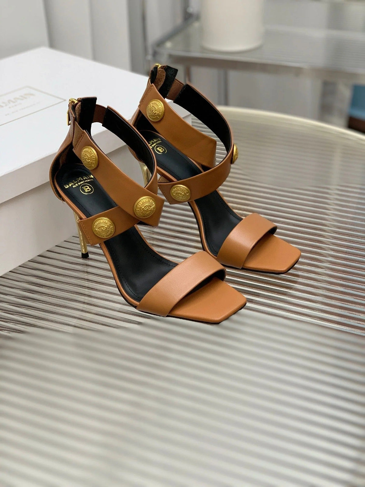 BALMAIN 25S CROSSOVER STRAP HIGH HEELS 95MM IN BROWN CALFSKIN