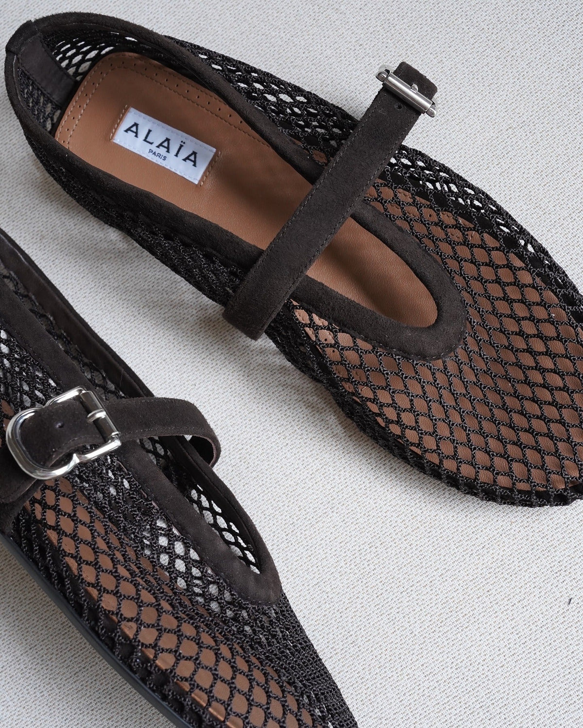 Alaia 26s Mesh Flats In Brown Suede