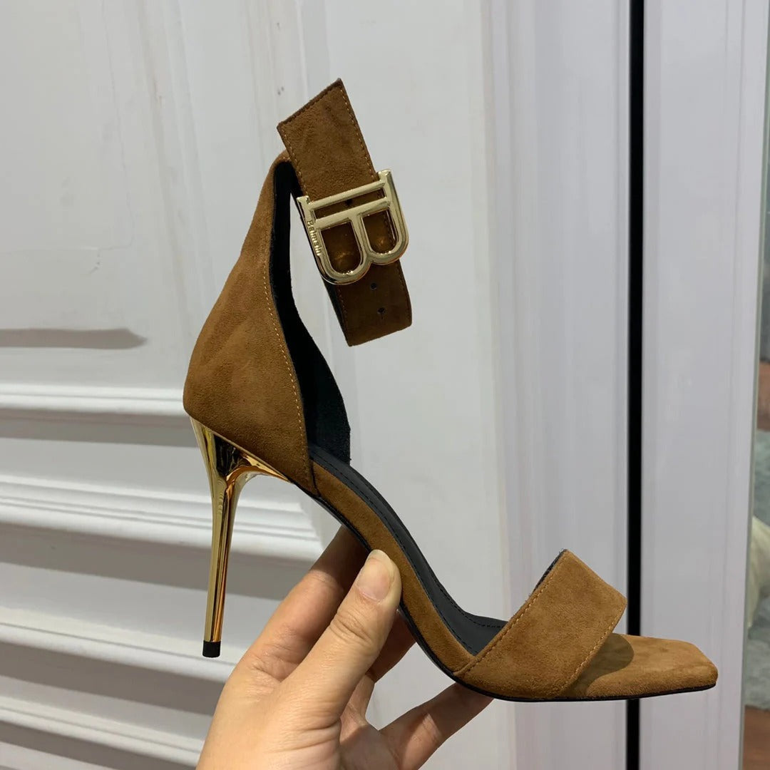 BALMAIN 25S THIN STRAP HIGH HEELS 105MM IN DARK BROWN SUEDE GOLD HARDWARE