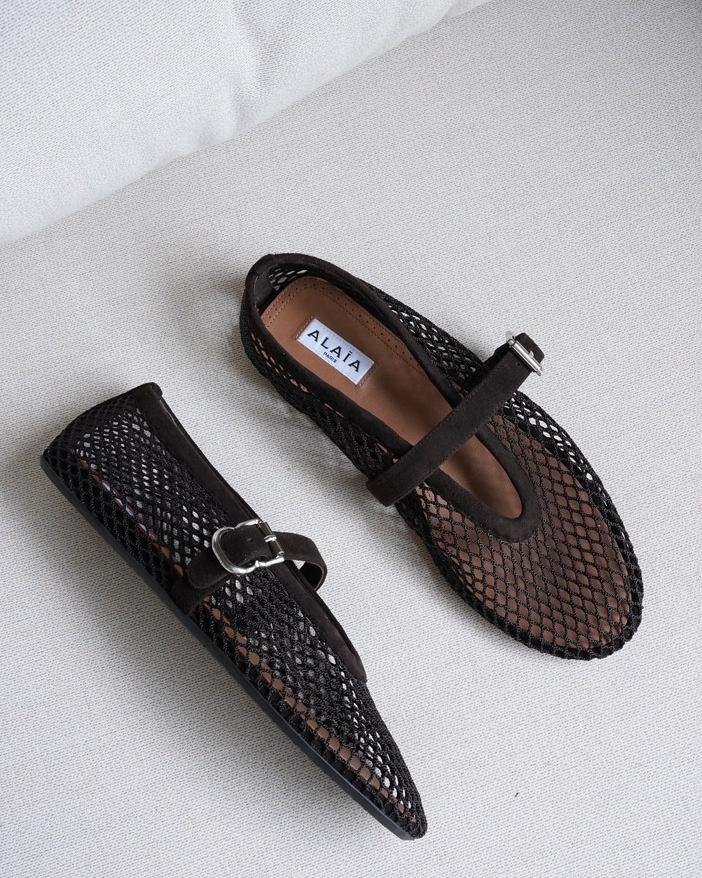 Alaia 26s Mesh Flats In Brown Suede
