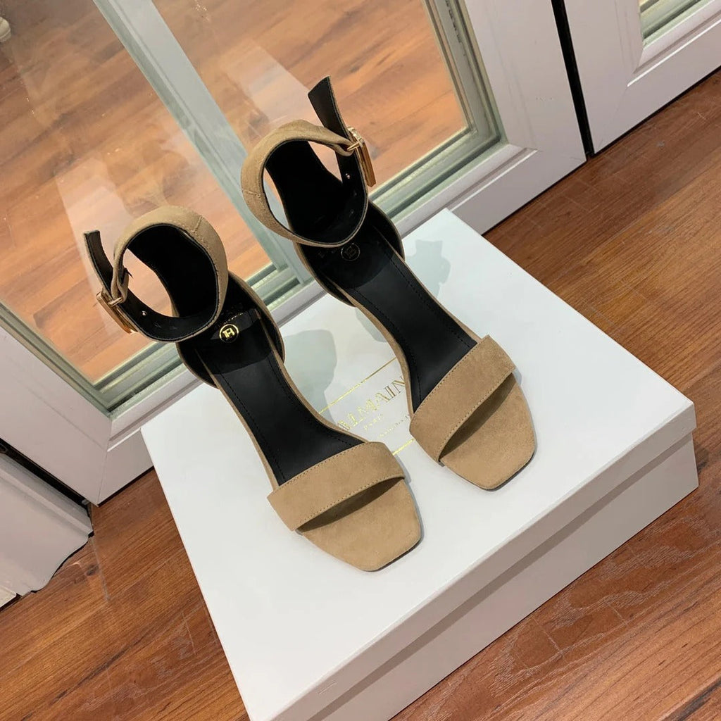 BALMAIN 25S THIN STRAP HIGH HEELS 105MM IN LIGHT MOCHA SUEDE GOLD HARDWARE