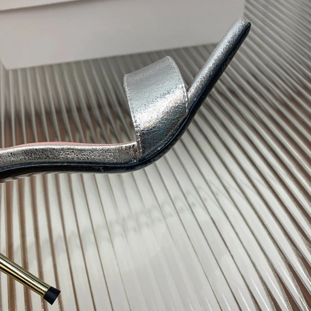 BALMAIN 25S B STRAP HIGH HEEL SANDALS 95MM IN SILVER CALFSKIN