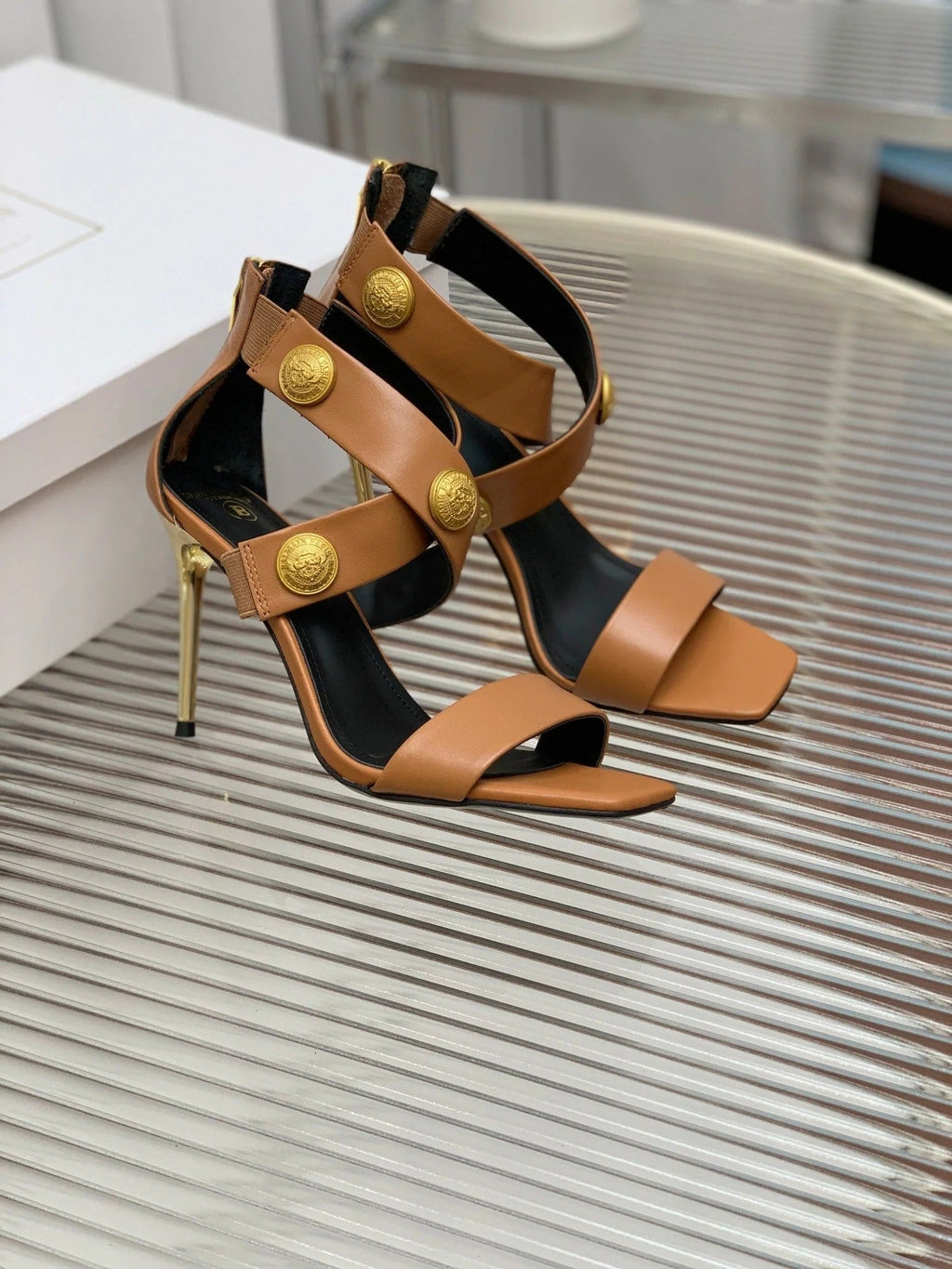 BALMAIN 25S CROSSOVER STRAP HIGH HEELS 95MM IN BROWN CALFSKIN