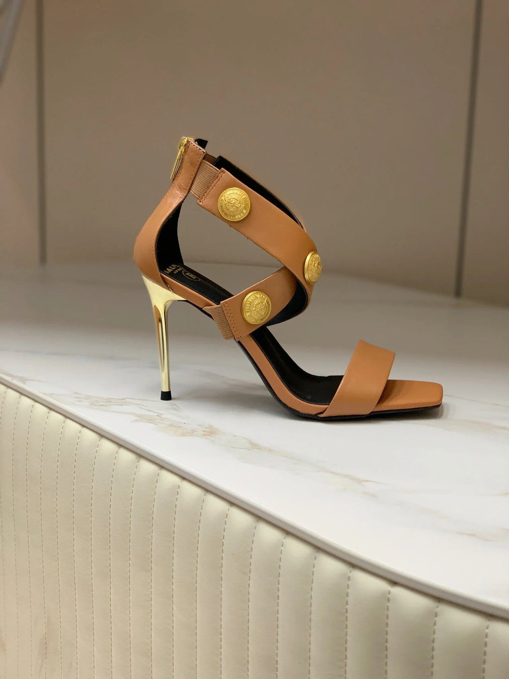 BALMAIN 25S CROSSOVER STRAP HIGH HEELS 95MM IN BROWN CALFSKIN
