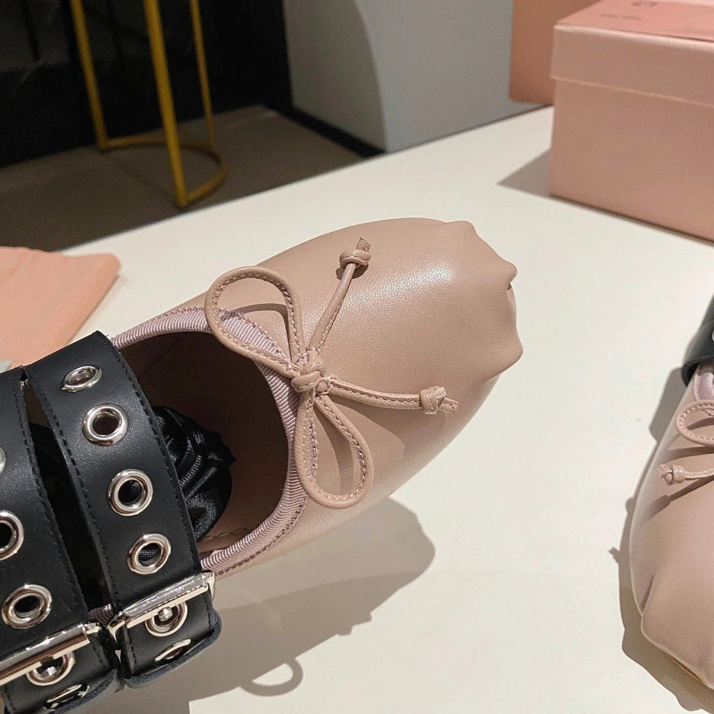 BALLET FLAT SHOES PINK NUDE LAMBSKIN WITH UNIQUE BLACK STRAPS