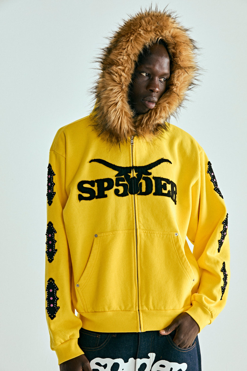 FUR HOODED ZIP UP SWEATSHIRT
