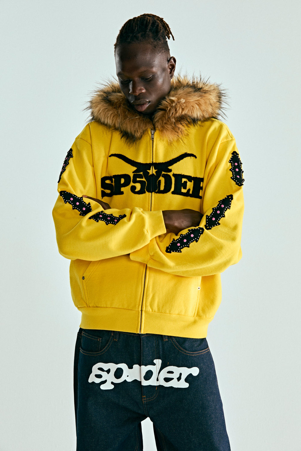 FUR HOODED ZIP UP SWEATSHIRT