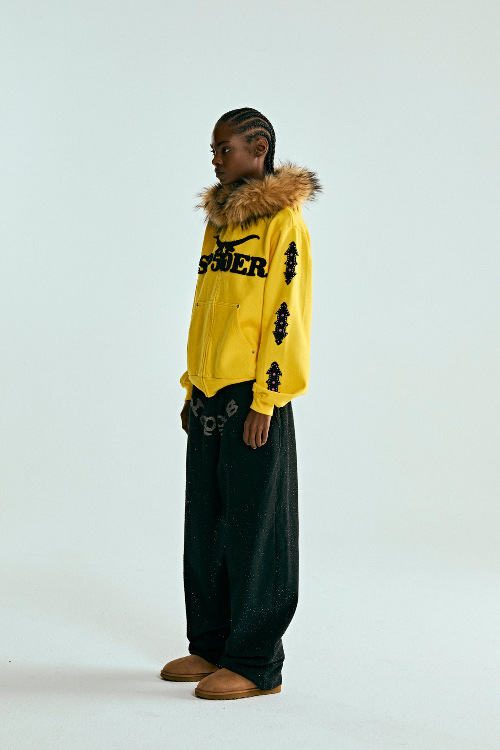 FUR HOODED ZIP UP SWEATSHIRT