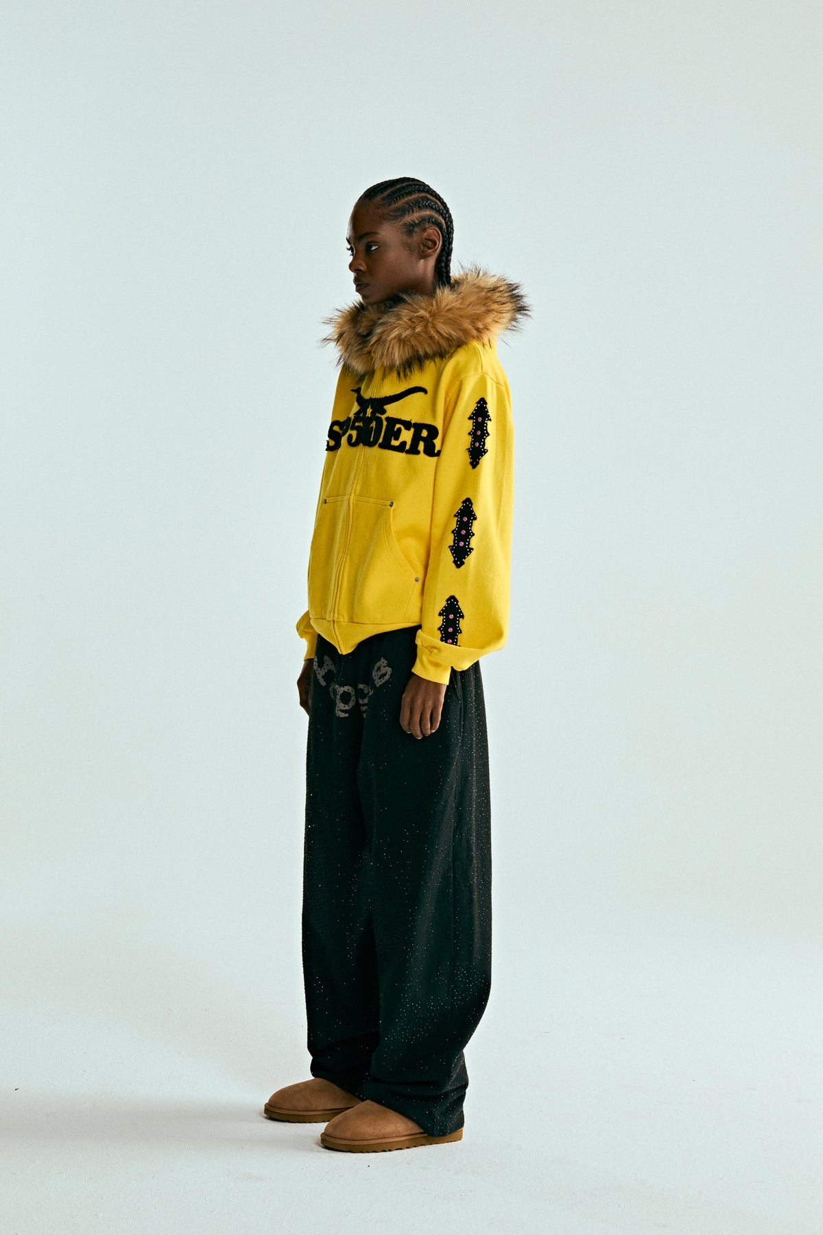 FUR HOODED ZIP UP SWEATSHIRT