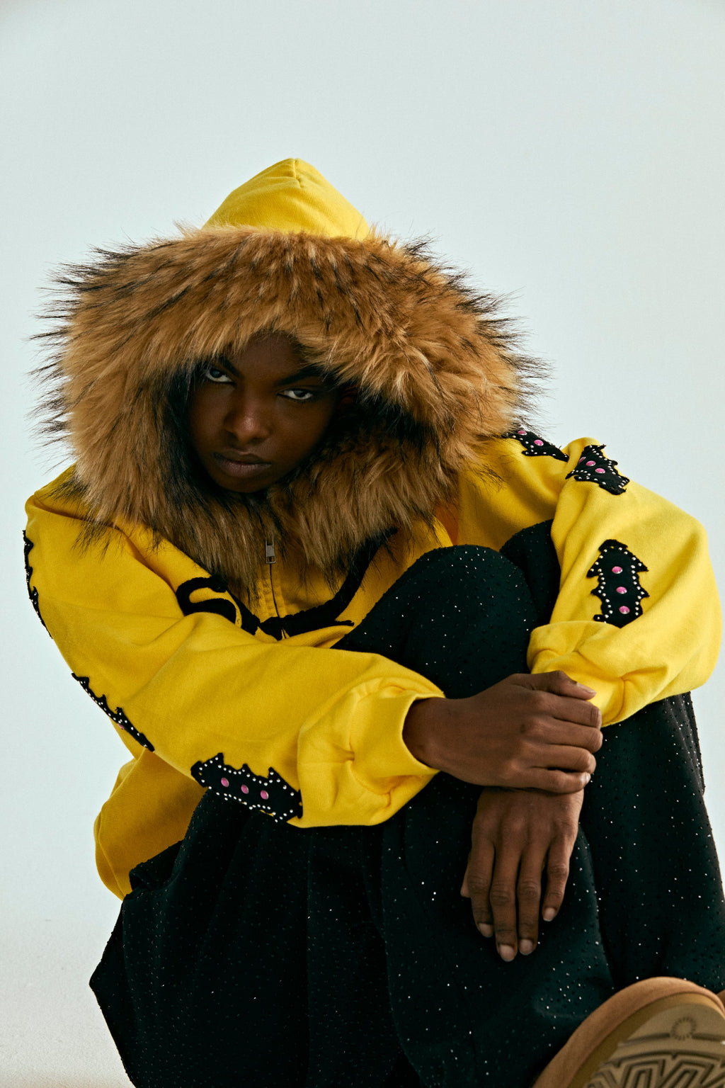 FUR HOODED ZIP UP SWEATSHIRT