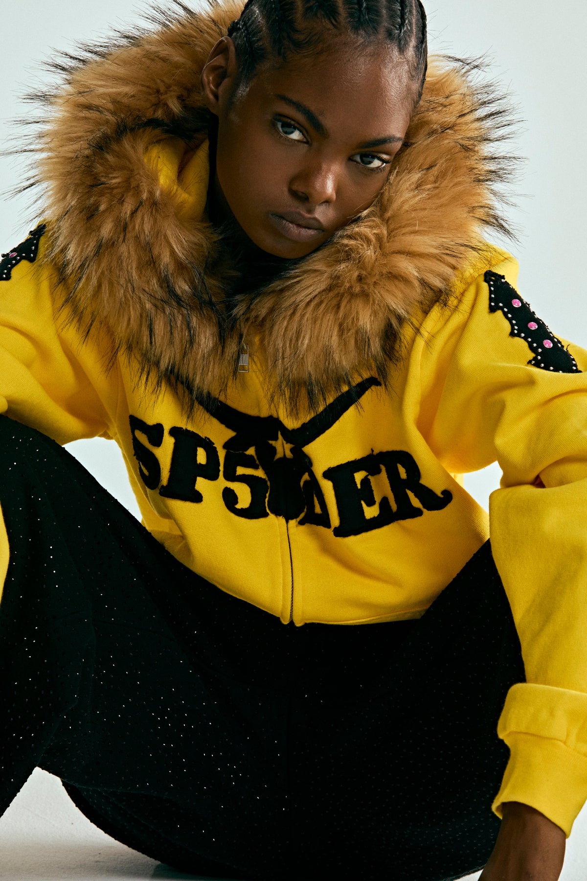 FUR HOODED ZIP UP SWEATSHIRT